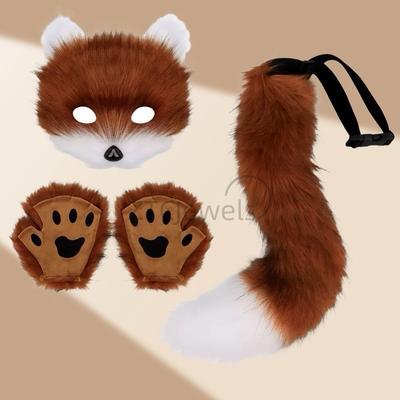 Faux Fur Fox Tail Cat Wolf Cosplay Costume Set Plush Mask Fluffy Paw Gloves Anime Accessories Halloween Party For Girls Women