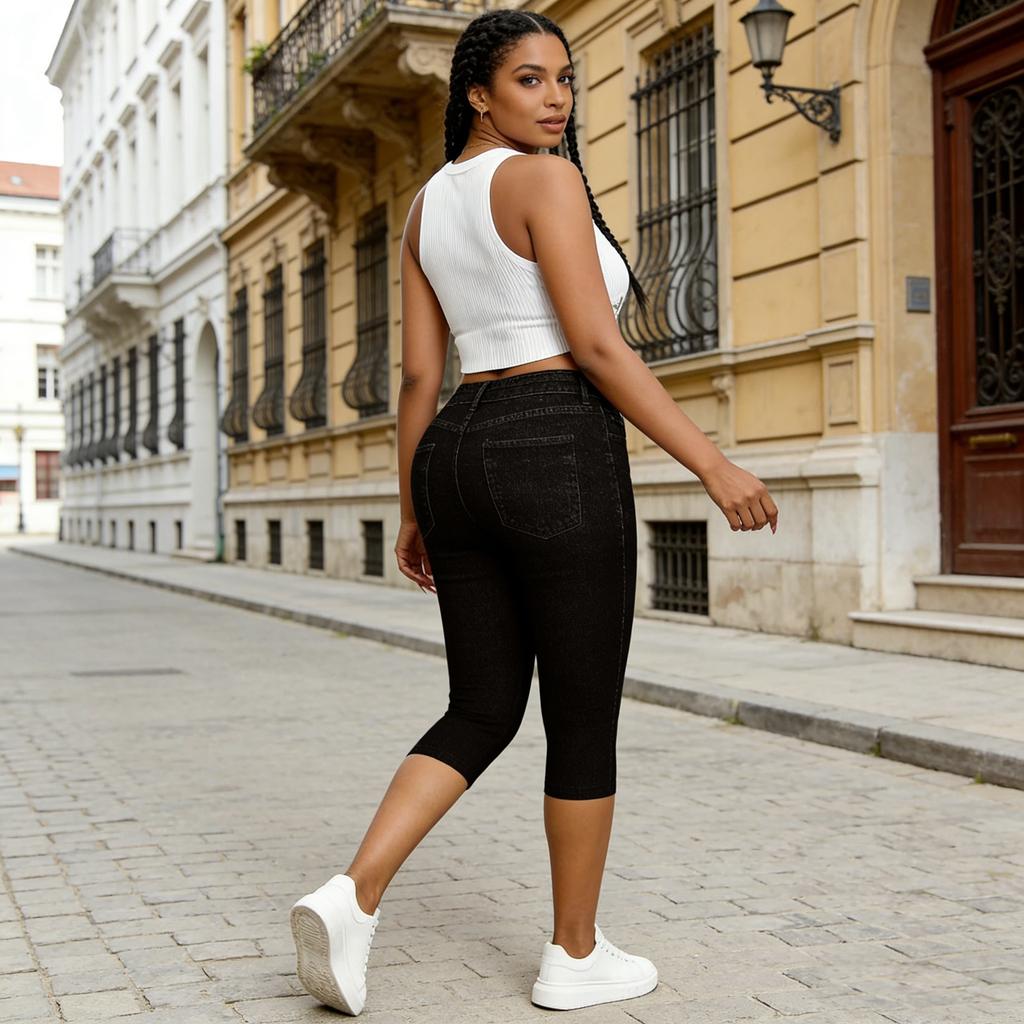 Womens pants high waist stretch capri leggings pants for women with faux denim print slim fit comfort style