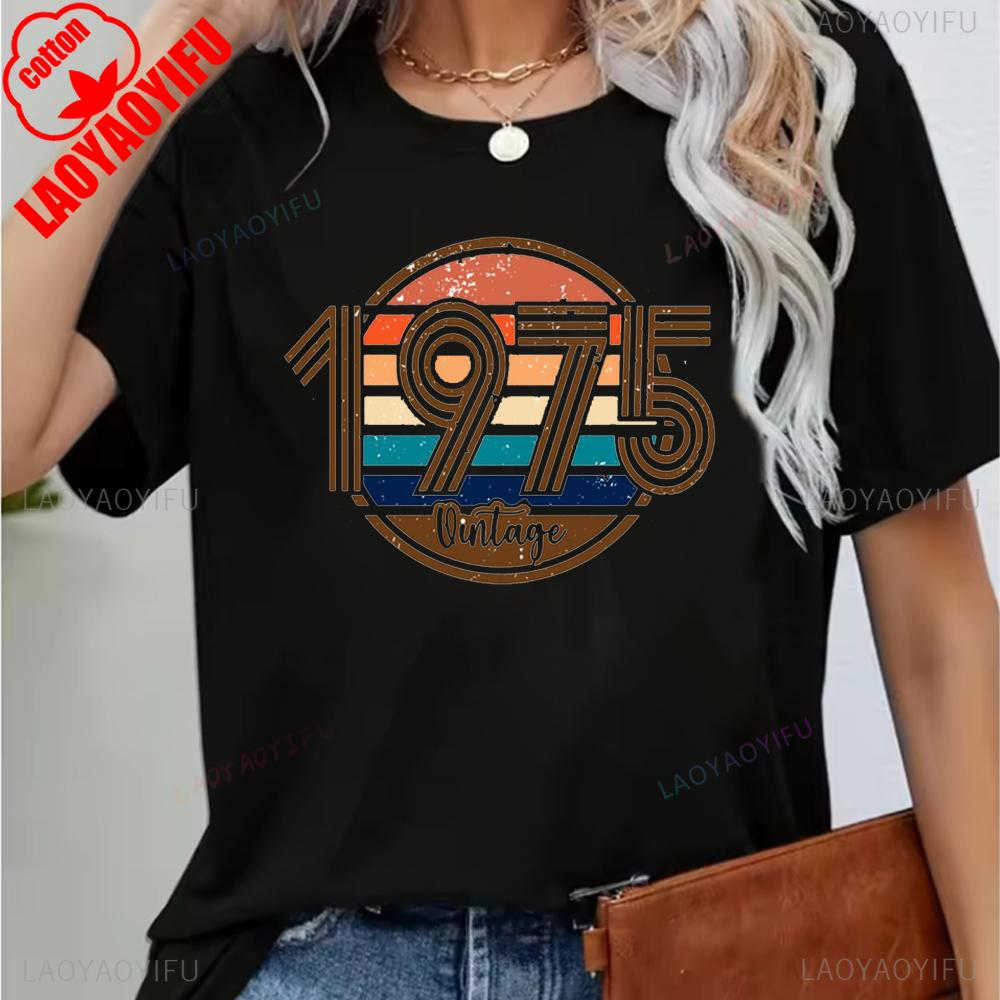 Vintage 1975 Funny 50Th Birthday Gifts 50 Years Old Retro Print T-Shirt Short Sleeve Crew Neck Casual Top for Summer & Spring