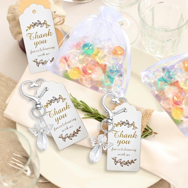 30Pcs Angel Wing Charm Keychain Decorative Key Holder with Drawstring Gauze Bag and Labels for Baby Showers Wedding