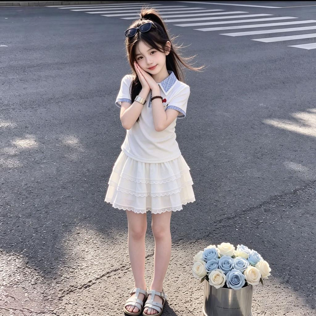 Girls Summer Polo Neck Short Sleeve Top with Lace Trimmed Tiered Dress Set