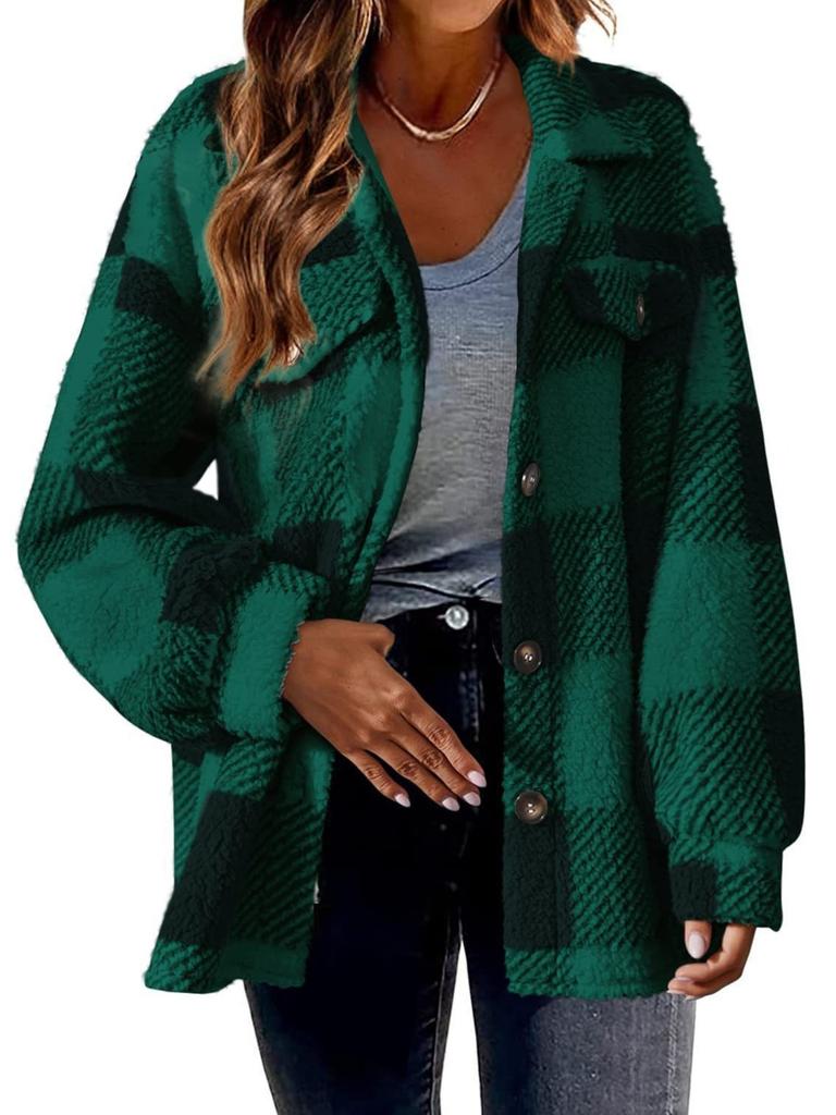 Women Plaid Fleece Jacket ,turndown Collar, Loose and Casual, Long-sleeved ,Fleece Jacket,button,pocket Jacket
