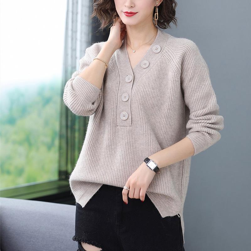 

V-neck Knitted Sweater Women s Fashion Loose Casual Pullover Autumn and Winter Long-sleeved Sweater XL хаки
