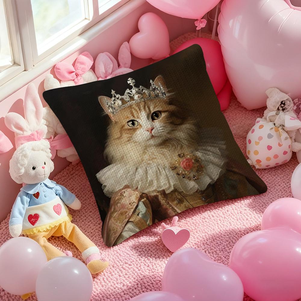 Renaissance Royal Cat Funny Pillow Case Anti-Dustmite Pillowcase Invisible Zipper Silky Short Plush Sofa Cushion Cover