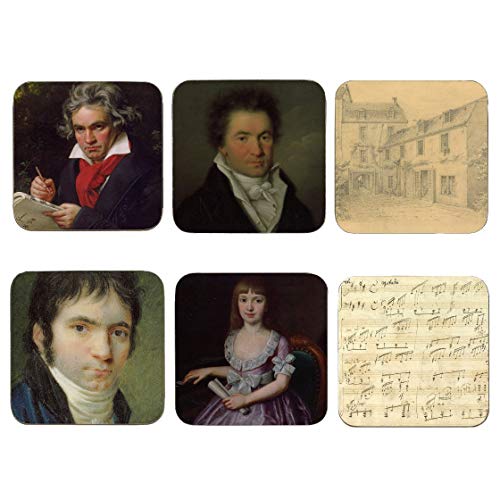 Set of 6 coasters featuring a portrait of Beethoven. Art, illustration, painter, sheet music, musician, imported goods, kitchenware.