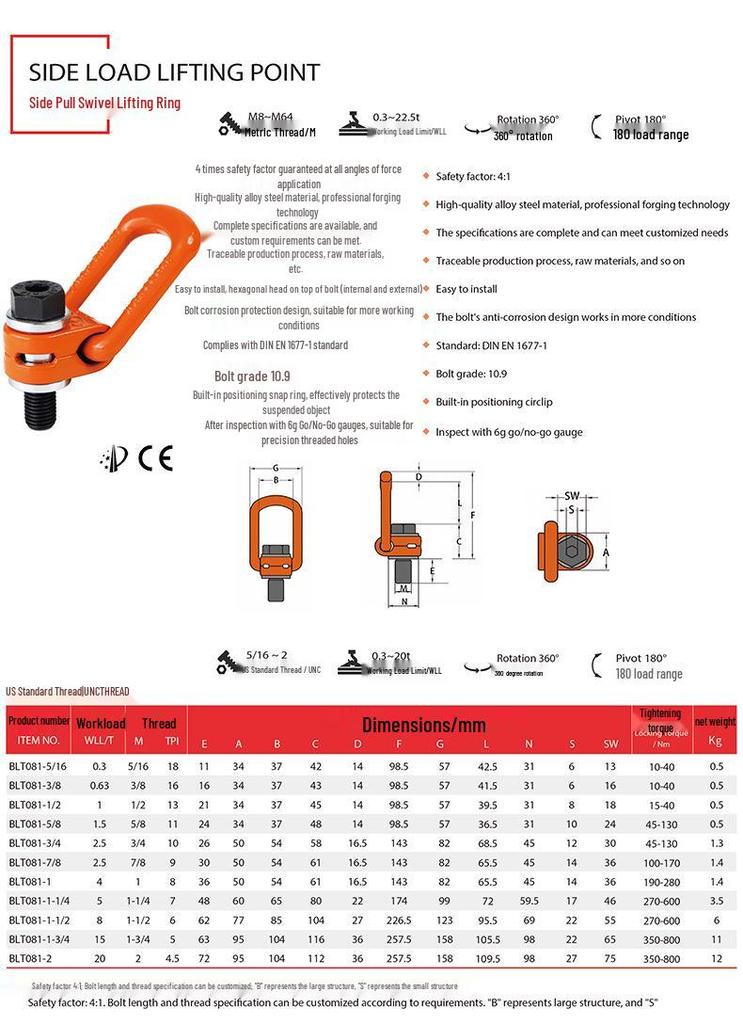 Bailite Alloy Steel 212RUD UNC Thread Side Pull Rotating Lifting Eye Bolt