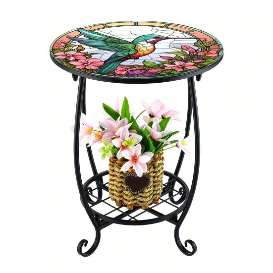 Huaqianguhh Outdoor Side Table, Round Small Mosaic Bird Butterfly Patio Accent, Indoor End Plant Coffee Tea Table for Yard Porch Garden Living