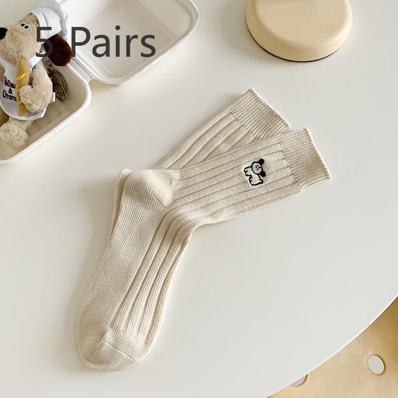 5 Pairs of Female Spring and Autumn Embroidery Puppy Vertical Stripes In Tube Pile Socks
