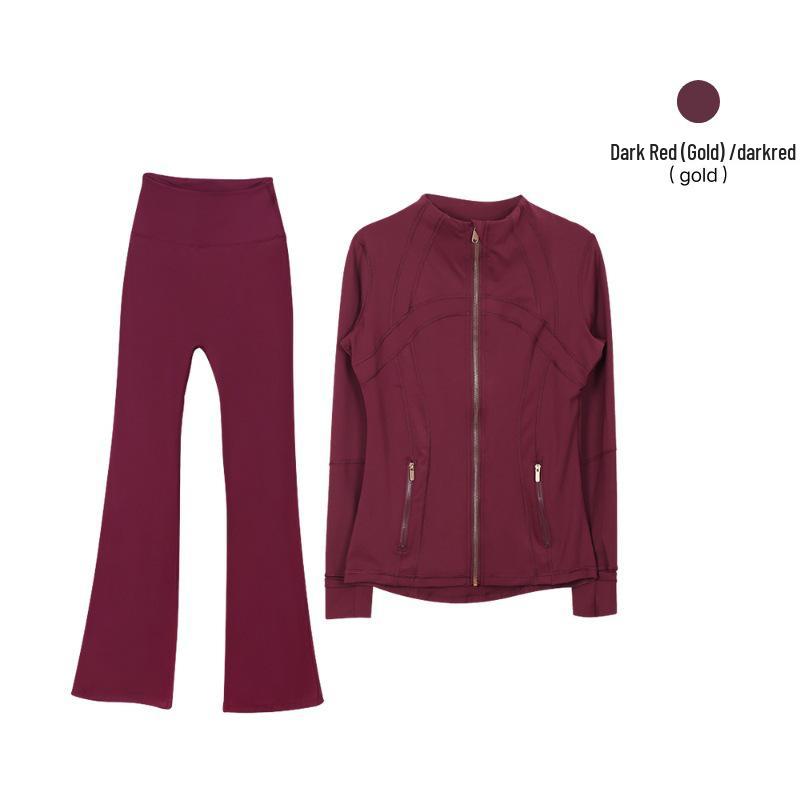 In Stock: Women's Gold Jacket & Flare Pants - High Stretch, Slimming Sports Yoga Set