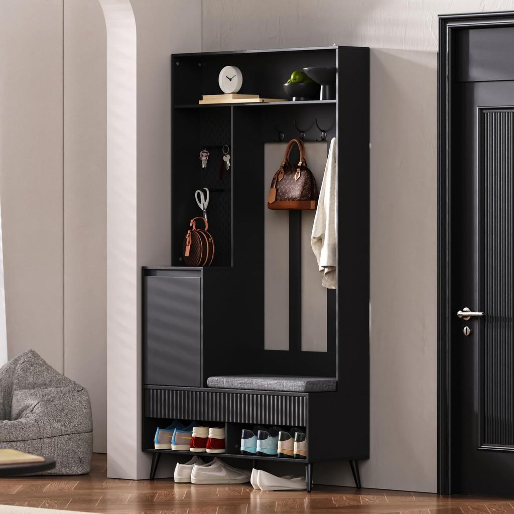 Flurgarderobe Schwarz: Garderobenschrank, Sitzbank, Schuhschrank, Lochwand, 4 Haken, Schließfach, Schublade, 100×35×180cm