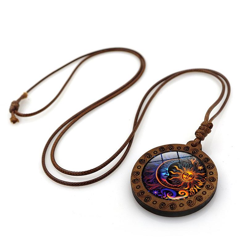 Sun Moon Goddess Time Round Wooden Vintage Brown Wax Rope Jewelry Pendant Necklace