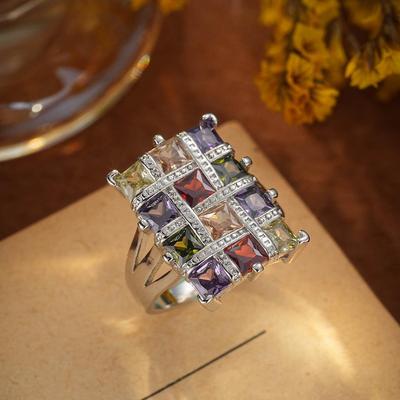 Jianjie European & American Square Zircon Ring: Women's Seven-Color Casual Style