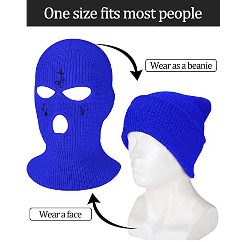 Cross Embroidery Ski Mask Winter Balaclava Hat 3-Hole Knitted Full Face Cover Neck Gaiter Warm Beanie For Outdoor Sport