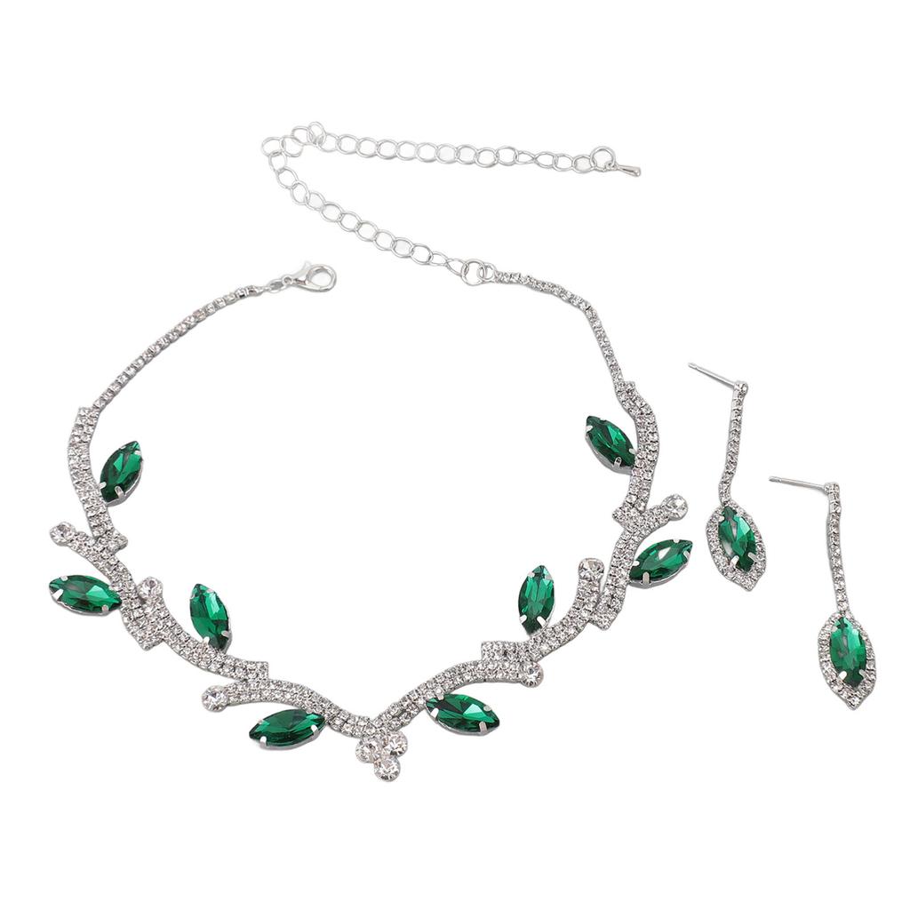 Damen Halskette Ohrring Set Strass Blätter Braut Hochzeit Schmuckset für Geburtstagsfeier Grün und Weiß K
