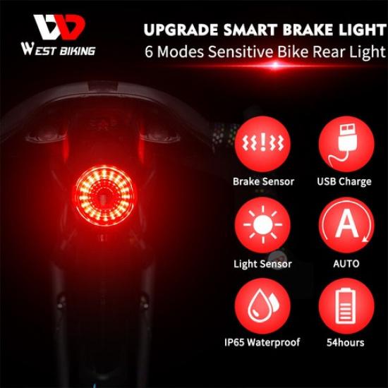 WEST BIKING Smart Bicycle Rear Tail Light USB Rechargeable Brake Sensing Light
