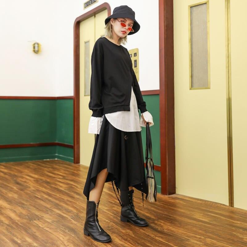 Xitao Patchwork Hit Color T Shirt Women Clothes Fashion Button Pullover Full Sleeve Match All Tee Top GCC1369