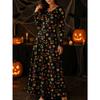Ladies Pumpkin Skeleton Print Round Neck Long Sleeve Maxi Dress Halloween Party Dress