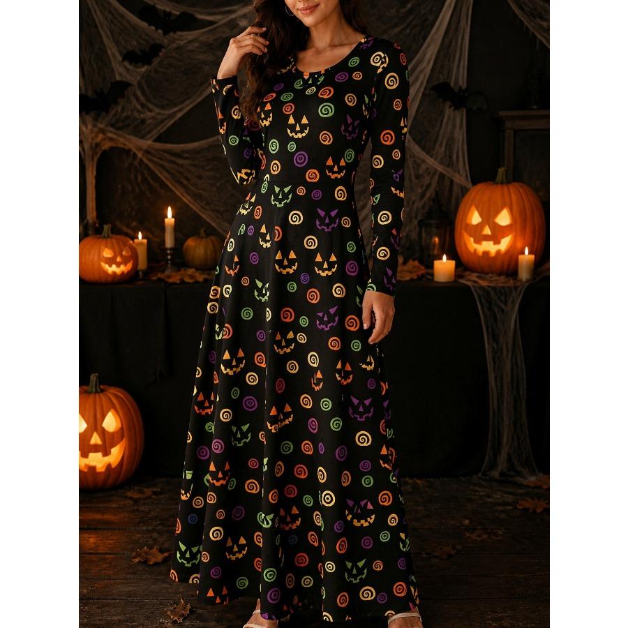 Ladies Pumpkin Skeleton Print Round Neck Long Sleeve Maxi Dress Halloween Party Dress