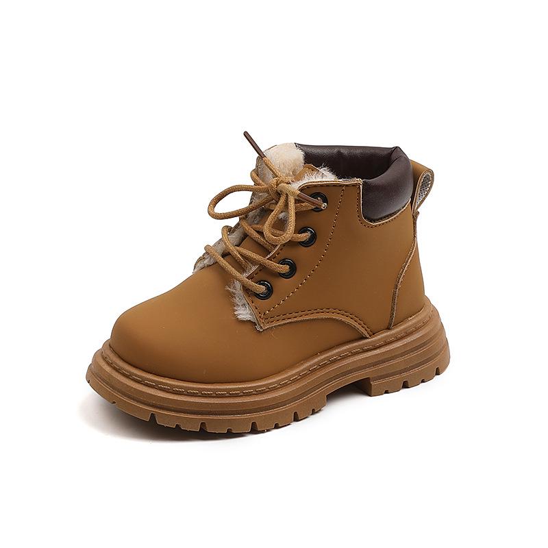 Kids' Fleece-Lined Martin Boots: Boys' and Girls' Autumn/Winter British-Style Yellow Cotton Boots
