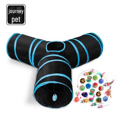 Interactive Y-Shaped Three-Way Cat Tunnel with Foldable Runway and Rolling Dragon Toy