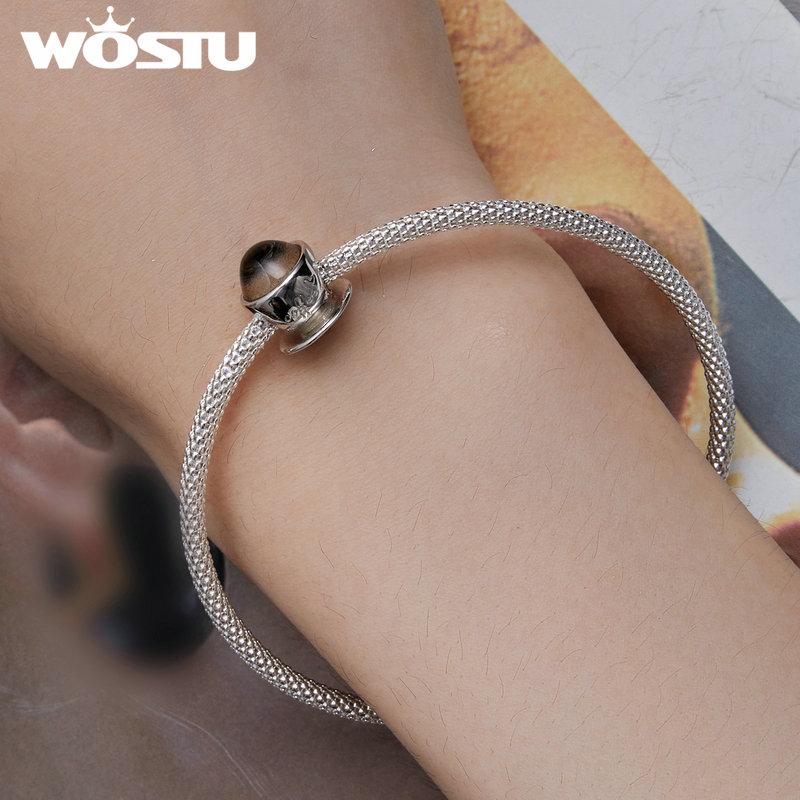 WOSTU 925 Sterling Silver Glittering Glass Coffee Cup Bead Charms for Women Original Necklace Bracelet