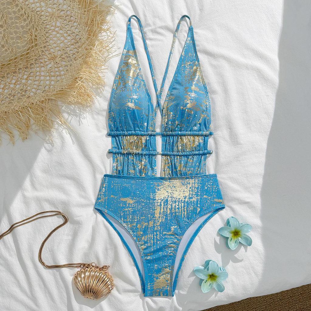 Elegant Metallic Lace-up Backless One-piece Swimsuit - Sexy Deep V-neck Design