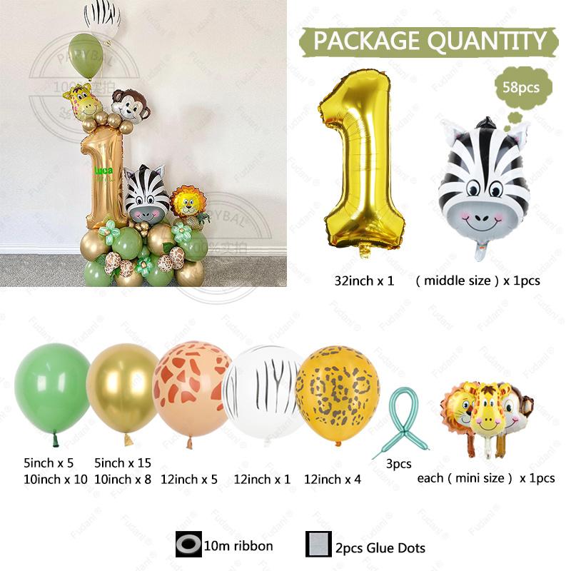 58pcs Wild Jungle Party Theme Gold Number 1-9 Balloon Garland Kit Birthday Baby Shower Gender Reveal Party Supplies Decorations