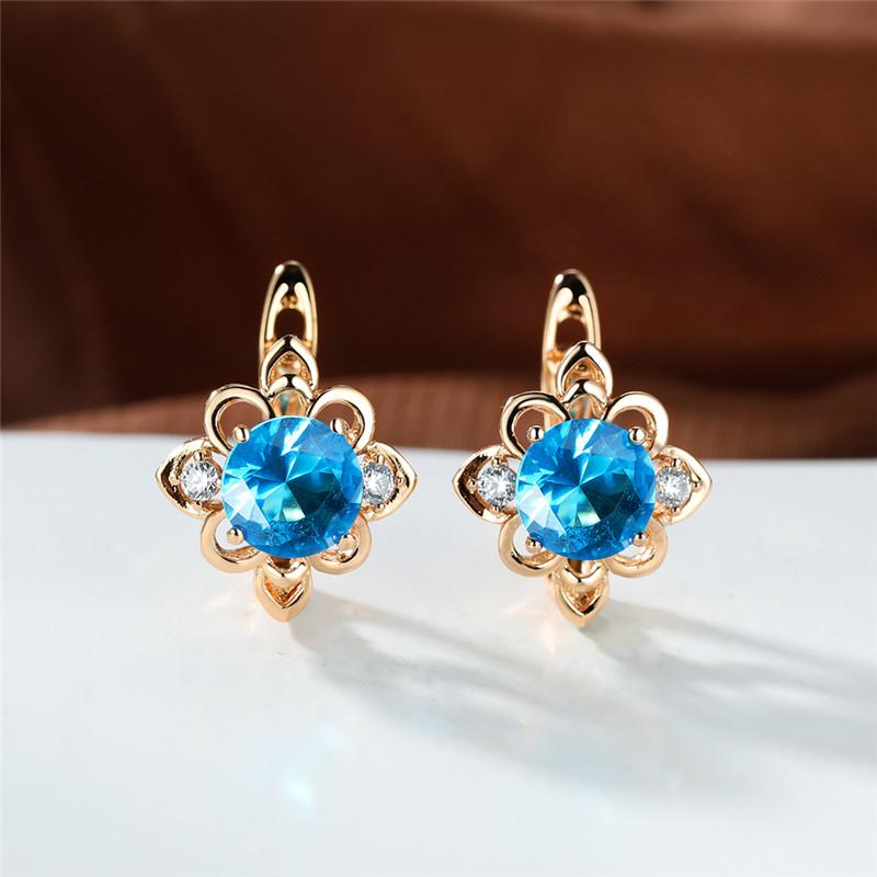 Boho Damskie Kolczyki Koła z Niebieskim Kamieniem i Kwiatami Dla Kobiet Złoty Kolor Małe Okrągłe Biżuteria Ślubna Prezent