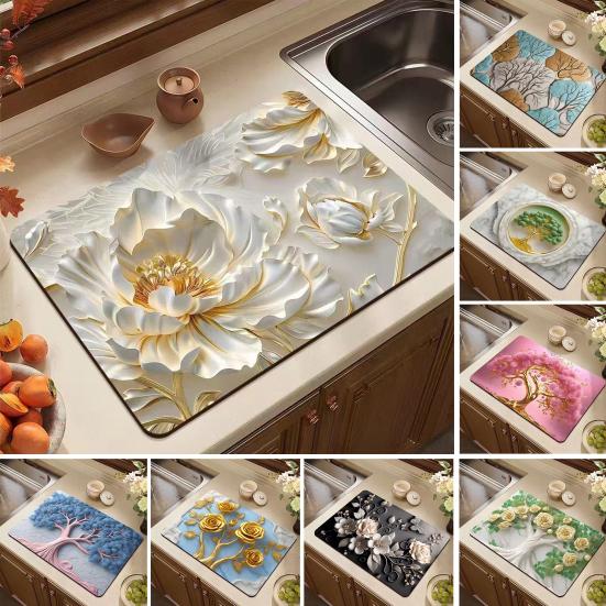 Floral Dish Drying Mat Absorbent Kitchen Drying Mat Reusable Washable Dish Drying Pad Non-slip Dish Rack Mats for Kitchen Counter
