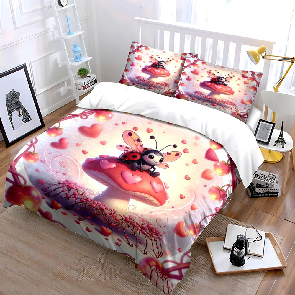 Ladybug Mushroom Romantic Decor Set Soft Comfortable Duvet Cover Bedding Set Included 1*Duvet Cover & 2*Pillowcases, Gift
