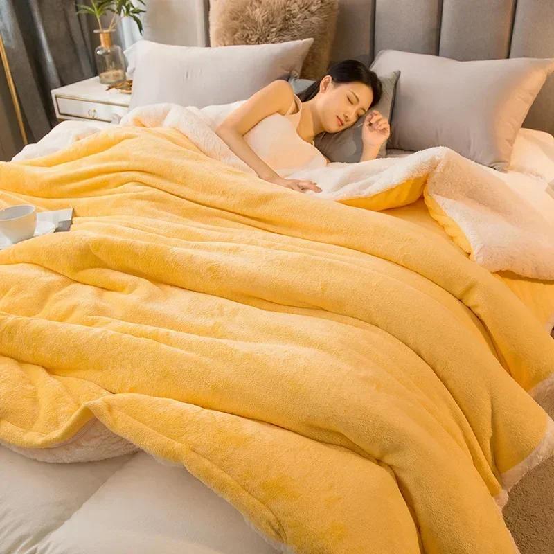 Thick Blanket Lamb Wool Warm Sleeping Double Side Microfiber Flannel Fleece Blankets for Bed Cozy Comfortable Super Soft Quilt