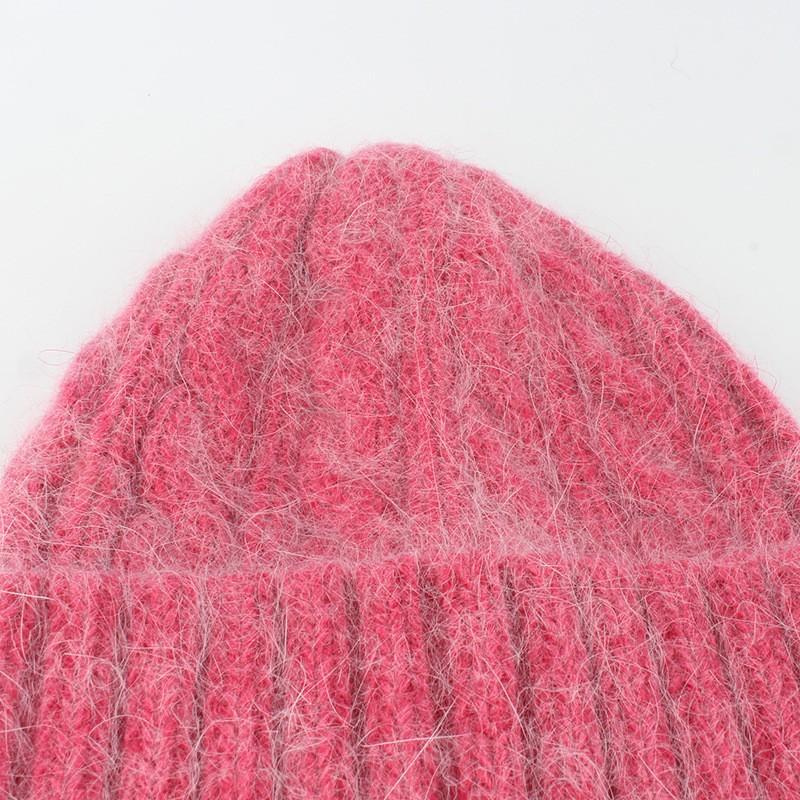 Womens Winter Angora Knit Beanie Hat With Long Rabbit Fur Trim Cable Rolled Edge Solid Color Warm Cozy