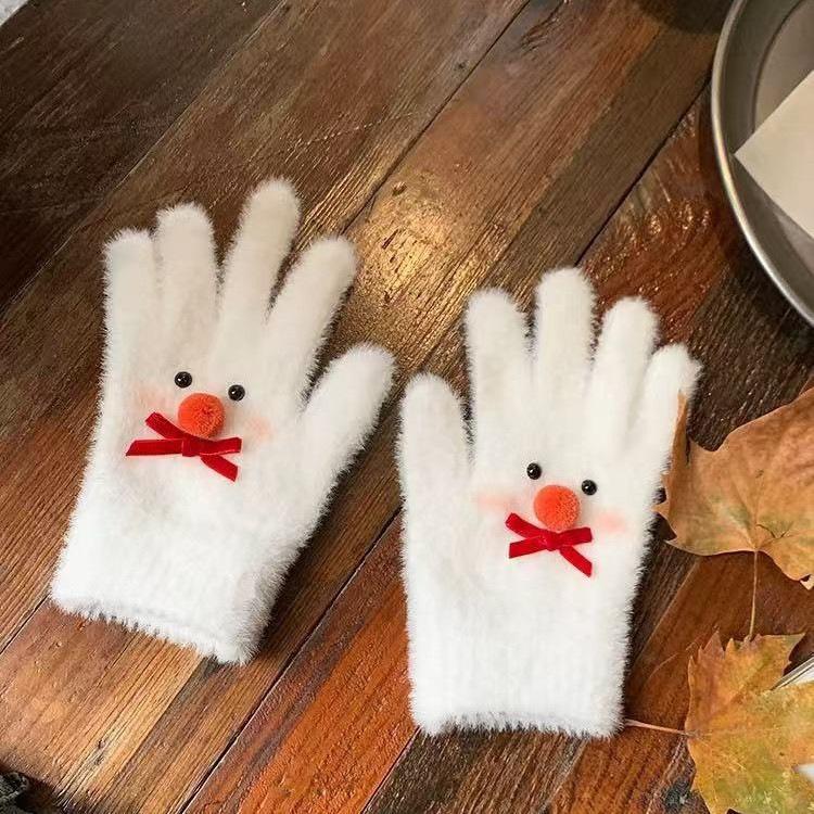 

Bow Plush Knitted Gloves for Women In Winter Plus Velvet To Keep Warm Cold and Windproof Students Cycling One size