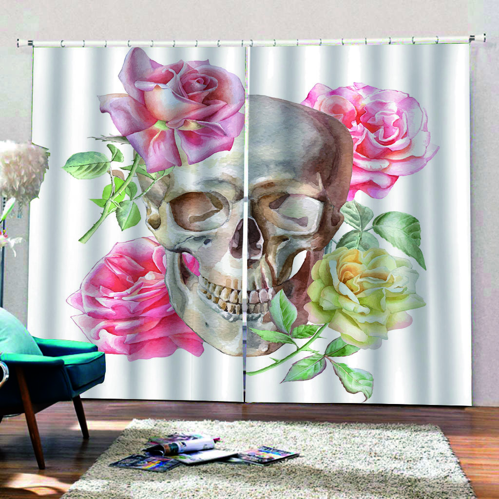 Personality 3D Print Black Mystery Skull Rose Curtains 2 Panel Living Room Bedroom Balcony Study Decorative Curtains