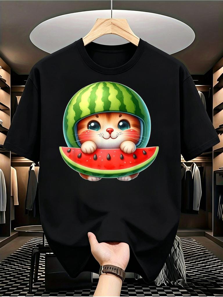 1pc Men'S Graphic T-Shirt Cute Watermelon Helmet Cat Print Short Sleeve Crew Neck
