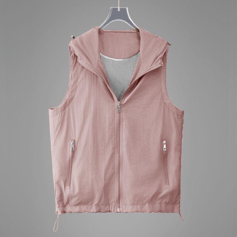 

Summer Sun Protection Clothing Breathable Vest Coat Women Casual Thin Hooded Sleeveless Jacket Zipper Waistcoat Female Tops 4XL рожевий