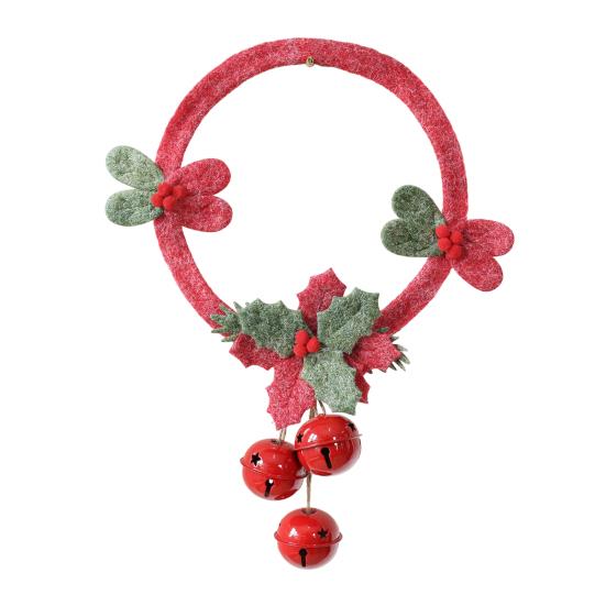 Christmas Window Decoration Non-woven Fabric Bell Wreath, Holly Berry Wreath with Mini Xmas Tree Bells, Hanging for Front Door Wall