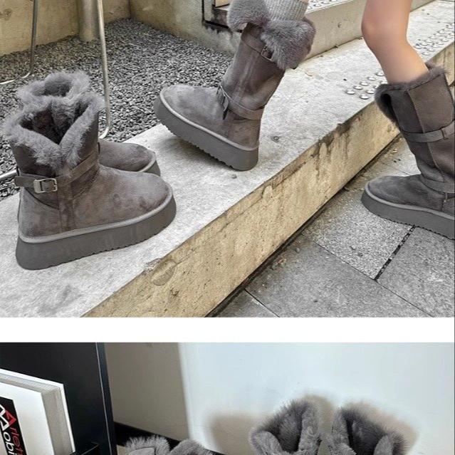 Grey two-wearing thick-soled snow boots for women 2025 winter new heightening thermal and piled thickened long-tube snow cotton shoes