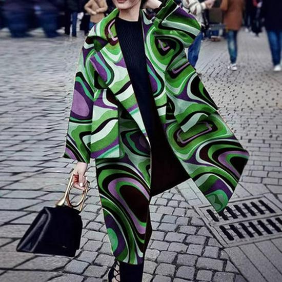 2025 Autumn/Winter European & American Women's Long Woolen Print Coat - Elegant & Warm Trench Overcoat.