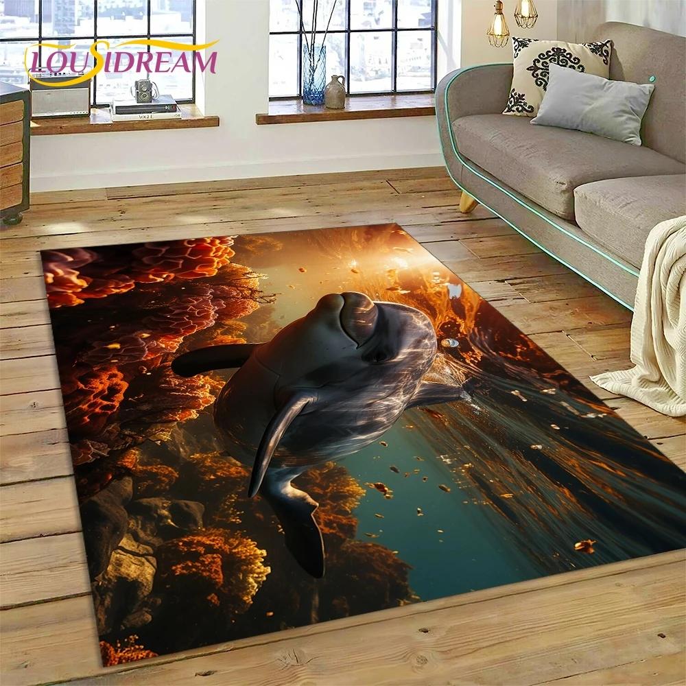 3D Podmořský svět Mořské dno Kreslený koberec s delfínem Koberec pro obývací pokoj Ložnice Domácí dekorace, Protiskluzová dekorace na pohovku Dárek Dítě