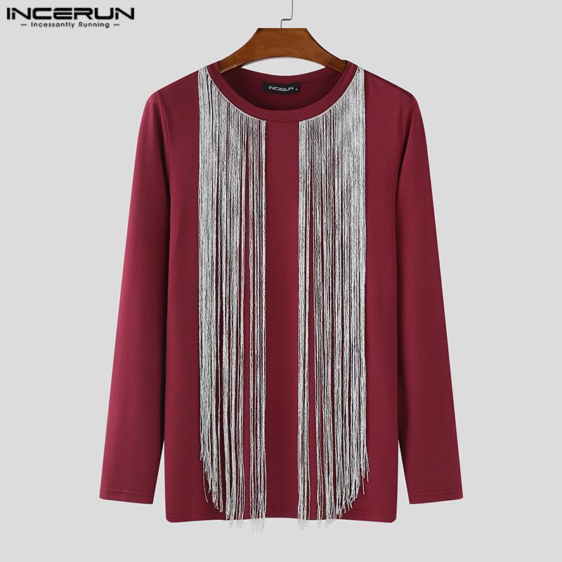 INCERUN Men Long Sleeve Glitter Tassel Patchwork Casual Fitted T-shirts Tops