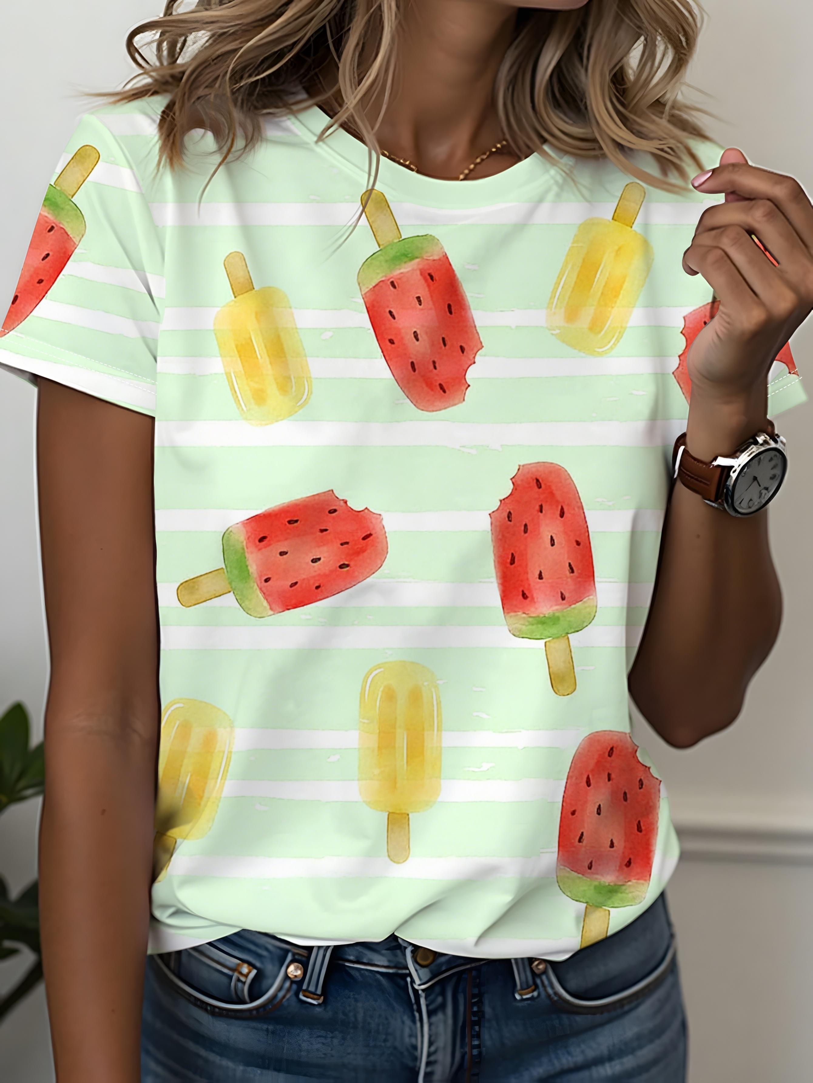 

Women s all-over printed T-shirt, summer fresh fruit style casual top, comfortable fabric, soft and skin-friendly XXS