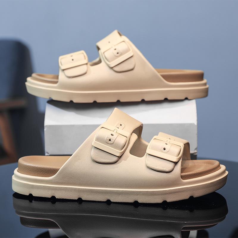 Men's Summer Slippers: Wear-resistant, Double Buckle, Thick Sole, Large Size, Trendy Indoor/Outdoor Footwear.
