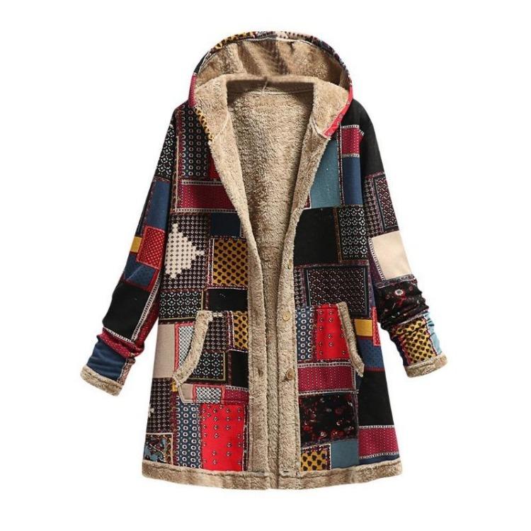 Retro Winter Fleece Hooded Jacket for Women Warm Long Loose Coat Plus Size Printed Outwear with Pockets