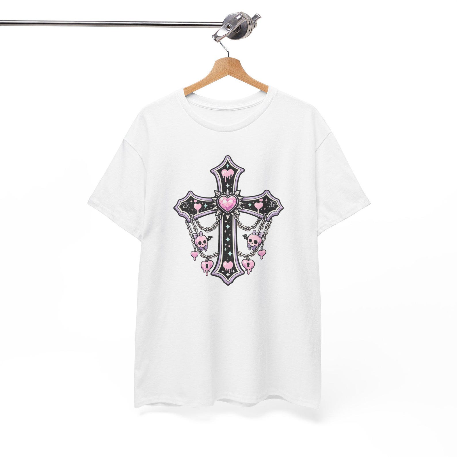 Pink Heart Pastel Gothic Cross T-Shirt | Rhinestone Charm Cross Tee, pastel gothic M