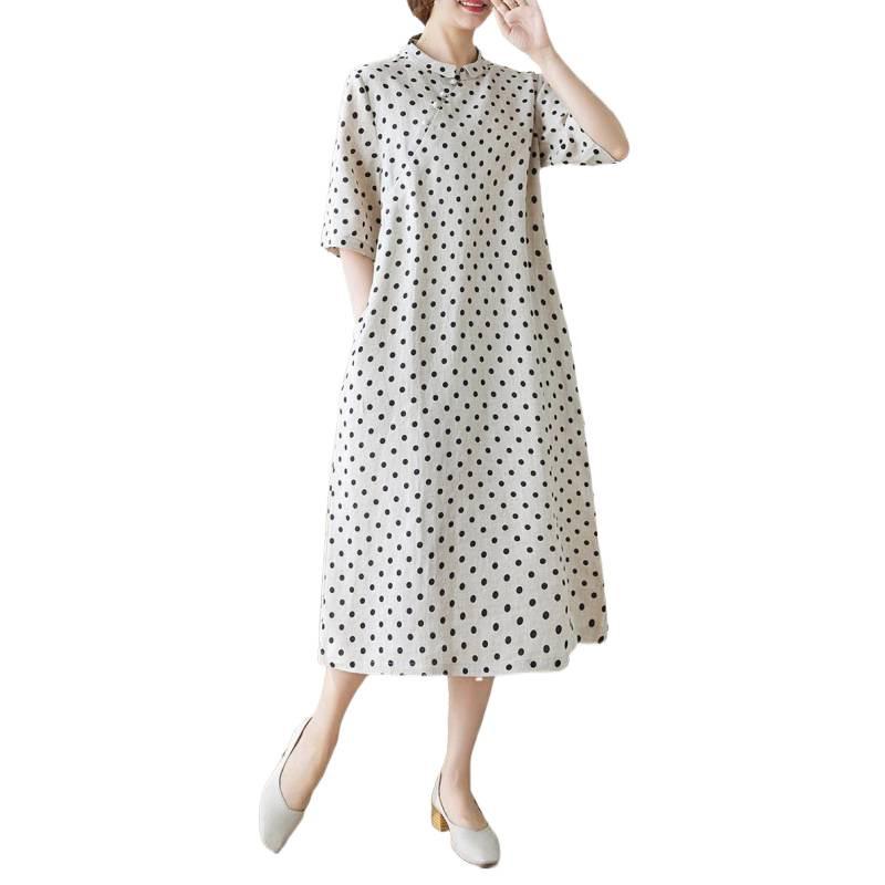Summer 2026 Cotton Linen Polka Dot A-line Dress for Women