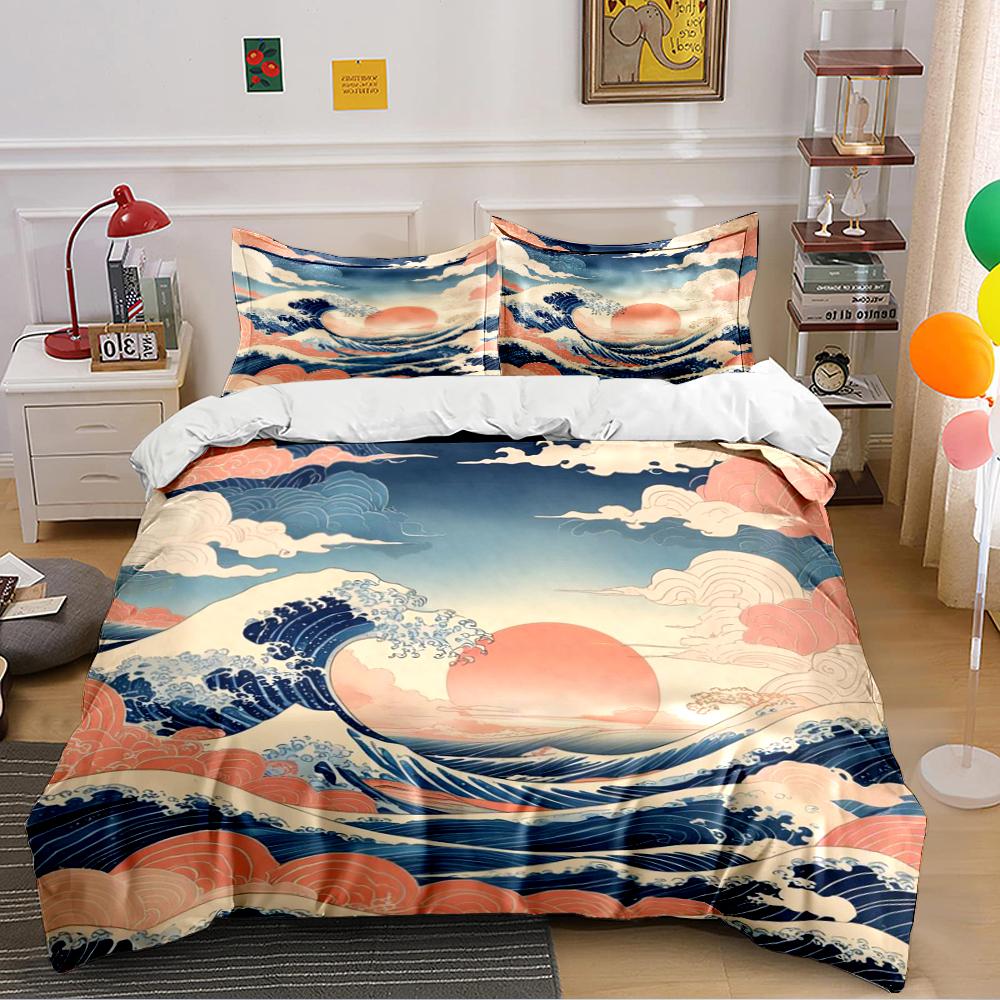 Japanese Wave and Red Sun Bedding Set Bedding set (1 duvet cover, 2 pillowcases, duvet not included)
