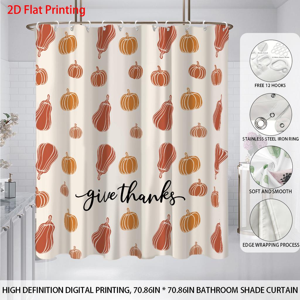 1pc Autumn Harvest Festival Pumpkin Print Waterproof Shower Privacy Hanging Curtain with 12 Hooks Multiple Size Machine Washable