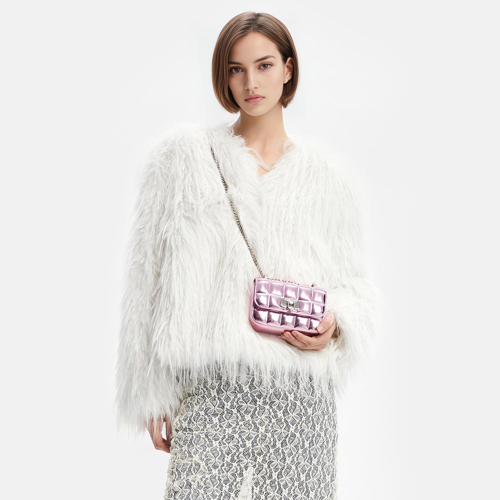 Charles & Keith Evening Party Mirror Checkered Chain Crossbody Bag Small Women bags Black Pink Silver CK2-80681154