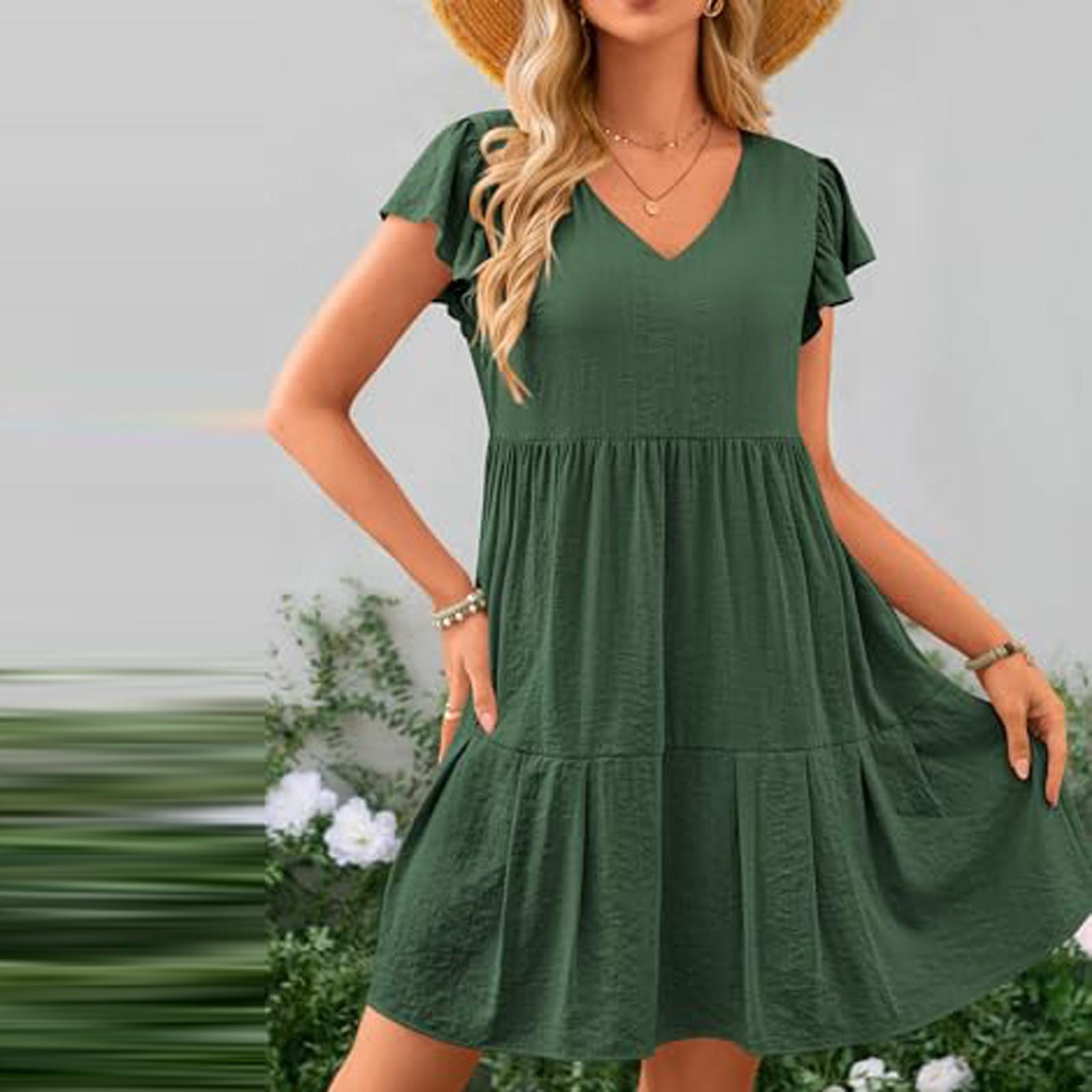 Женские летние повседневные однотонные платья с короткими рукавами и V-образным вырезом — фото 6